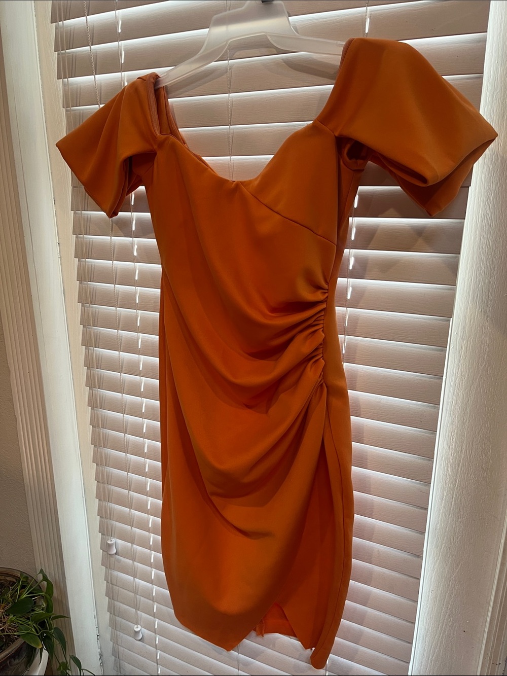 ASOS Orange Ruched Puff-Sleeve Midi Dress
